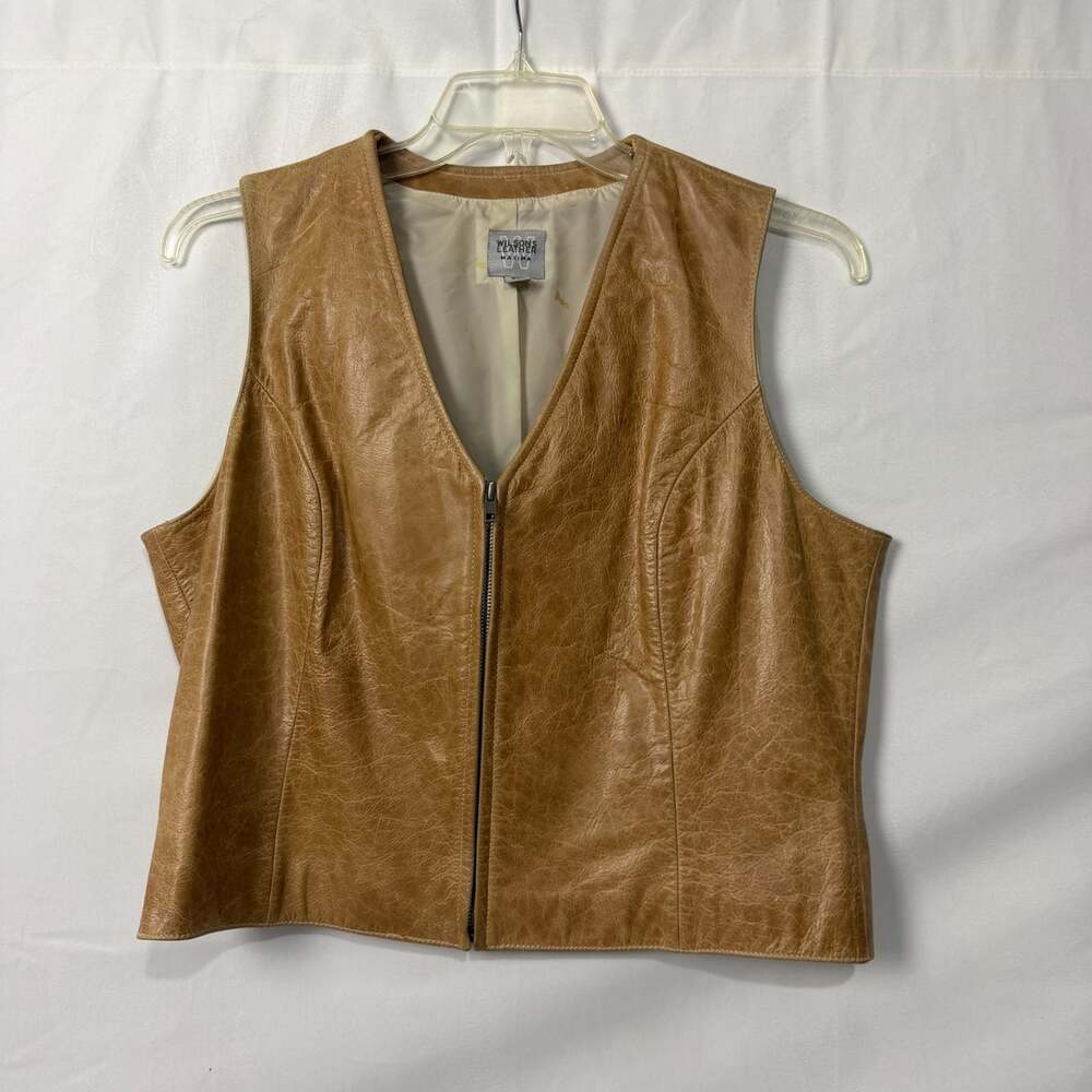 Vintage Women's Y2K Wilsons Leather Maxima Tan Zip Front Leather Vest Sz XL